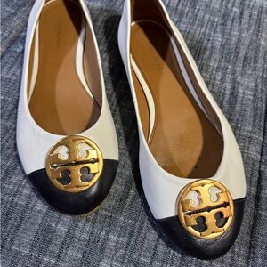 Tory Burch Two-Tone White and Black Cap-Toe Ballet Flats with Gold Logo